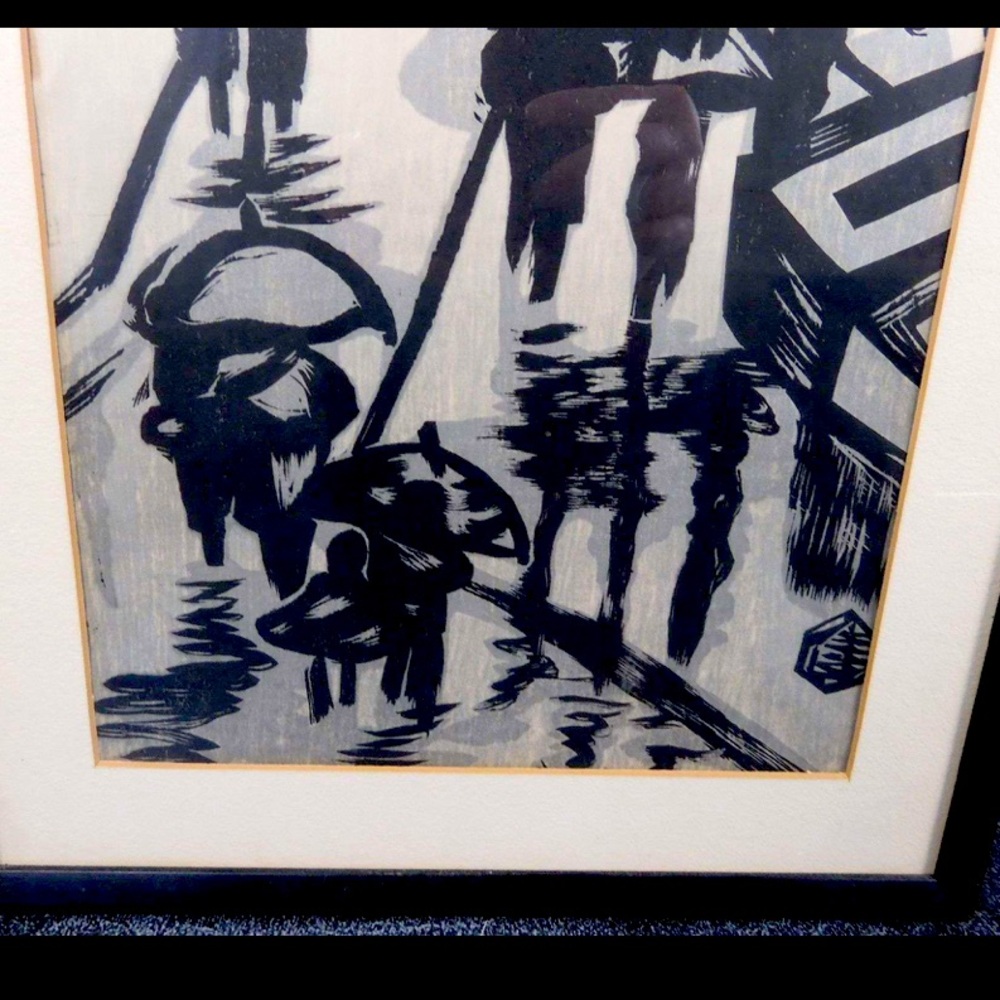 Print titled "A Rainy Day" by Japanese artist Gihachiro Okuyama framed